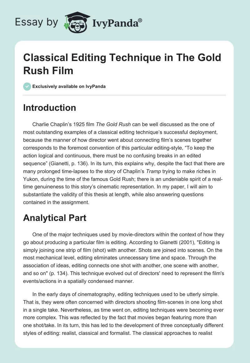 Classical Editing Technique in "The Gold Rush" Film. Page 1