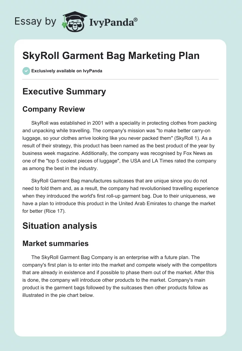 SkyRoll Garment Bag Marketing Plan. Page 1