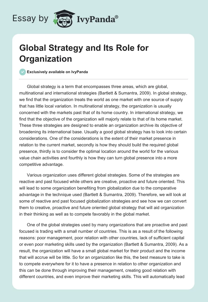 Global Strategy and Its Role for Organization. Page 1