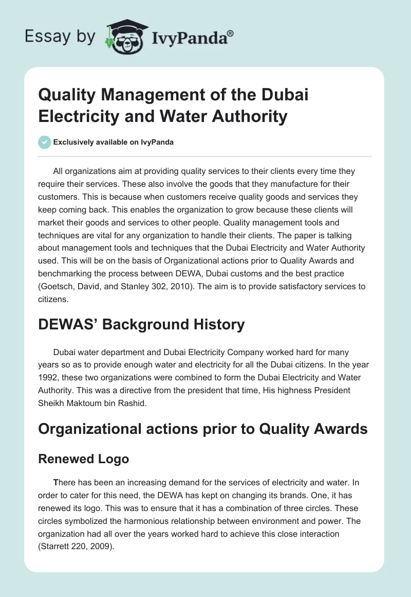 Quality Management of the Dubai Electricity and Water Authority. Page 1