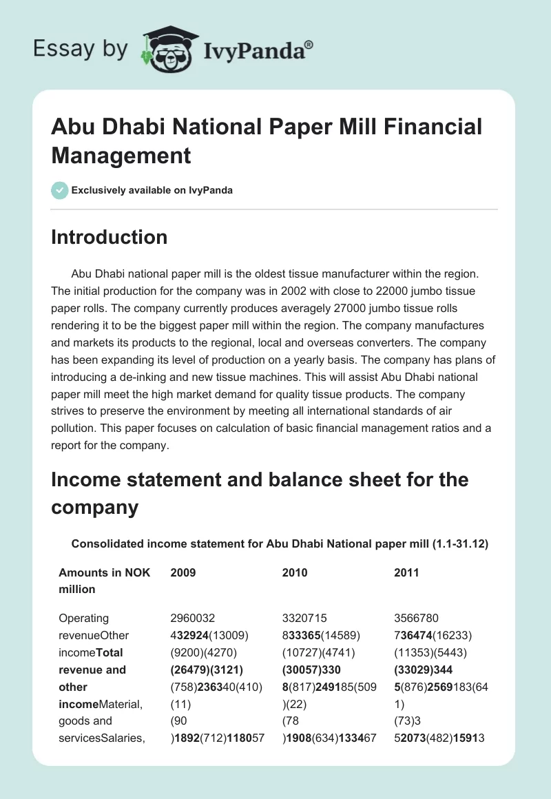 Abu Dhabi National Paper Mill Financial Management. Page 1