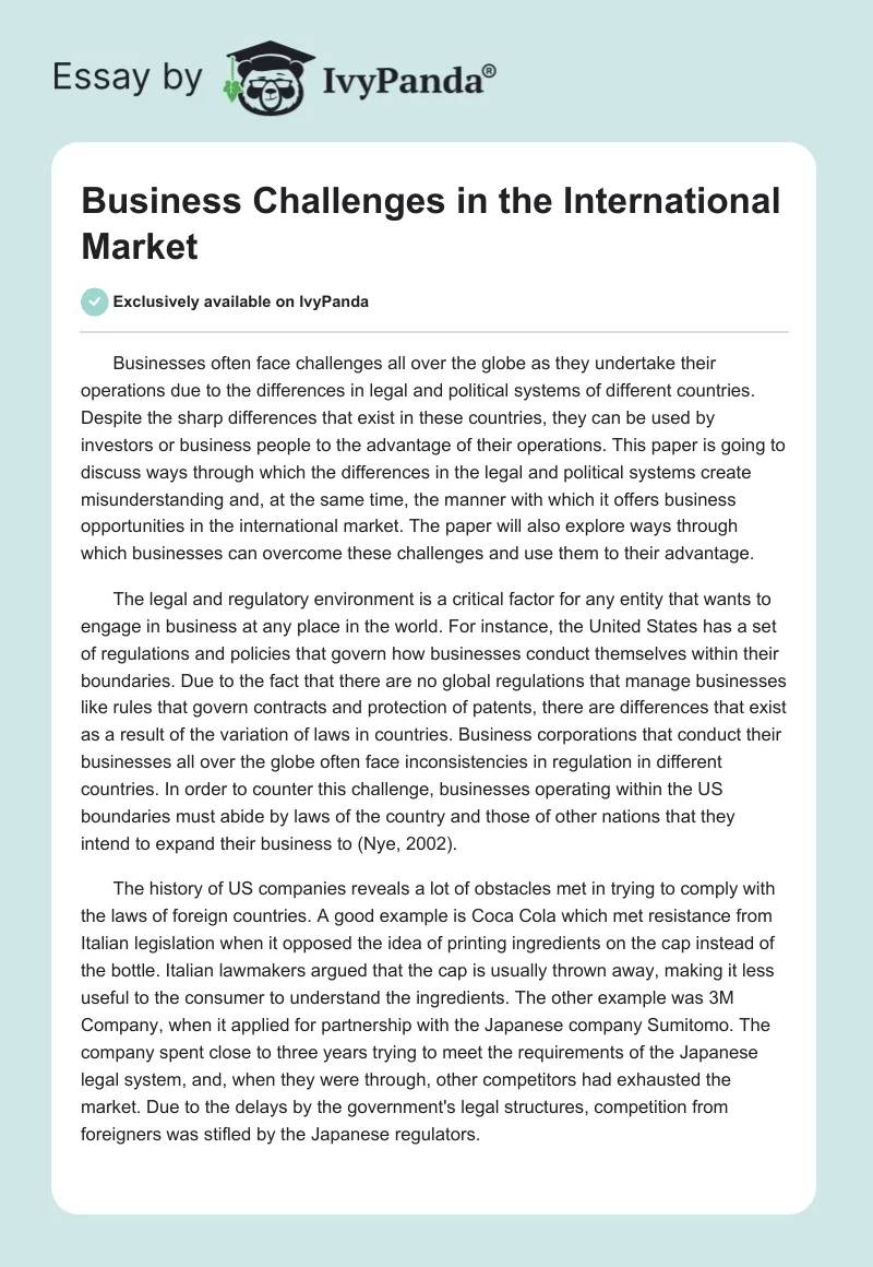 Business Challenges in the International Market. Page 1