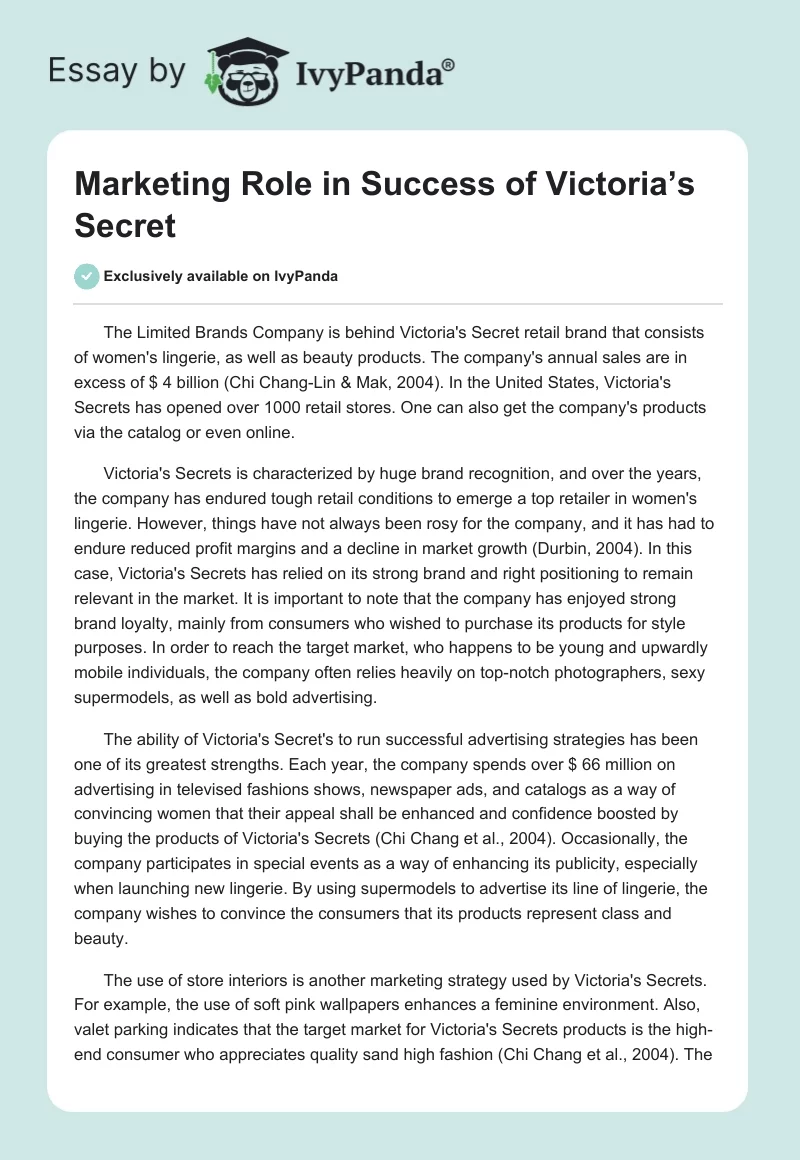 Marketing Role in Success of Victoria’s Secret. Page 1