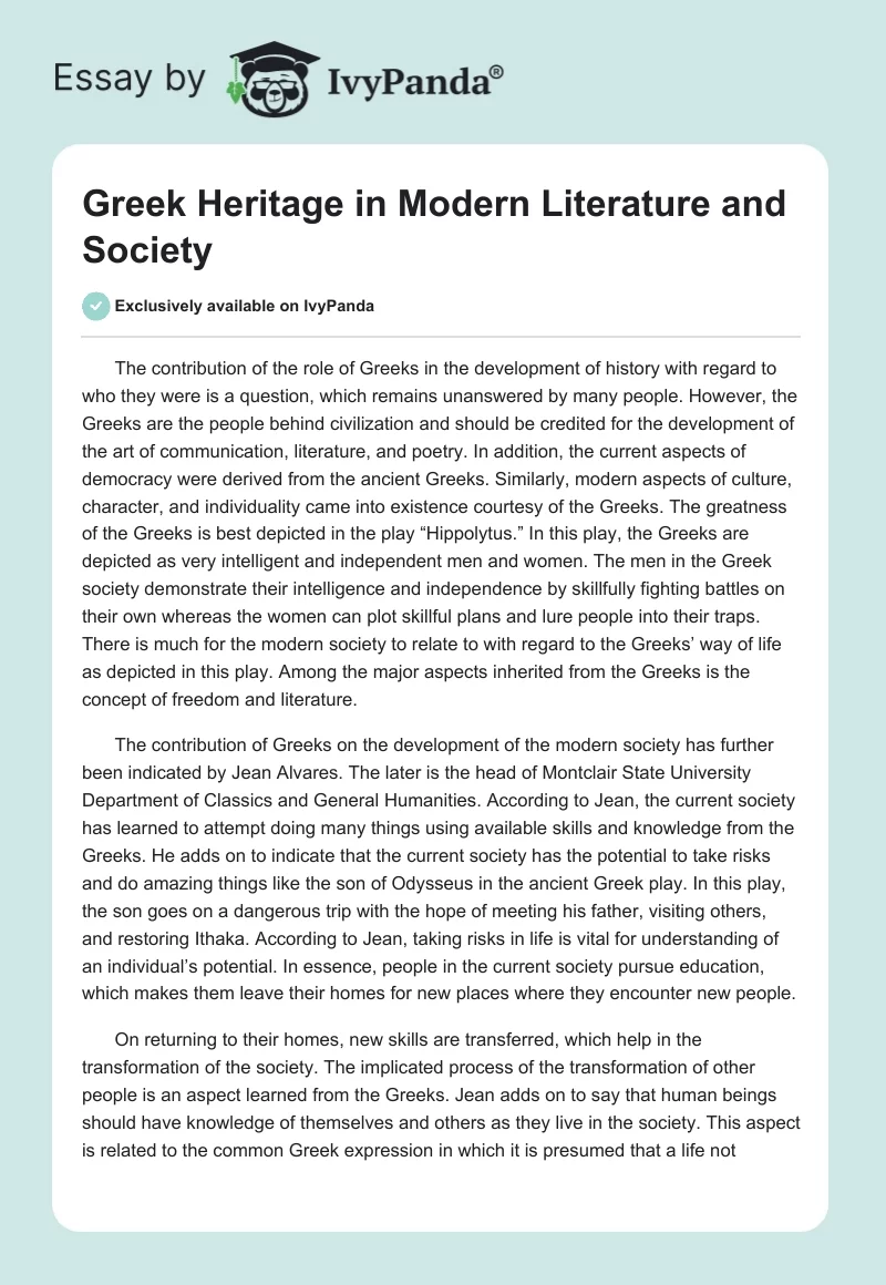 Greek Heritage in Modern Literature and Society. Page 1