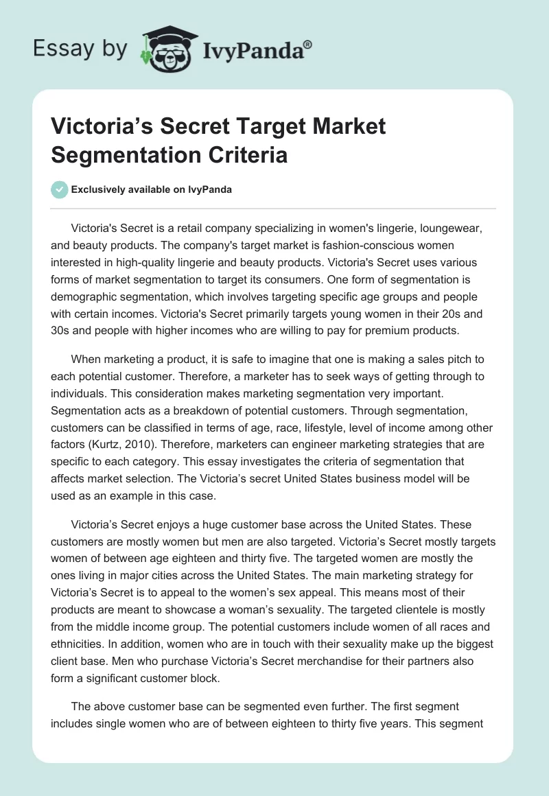 Victoria’s Secret Target Market Segmentation Criteria. Page 1