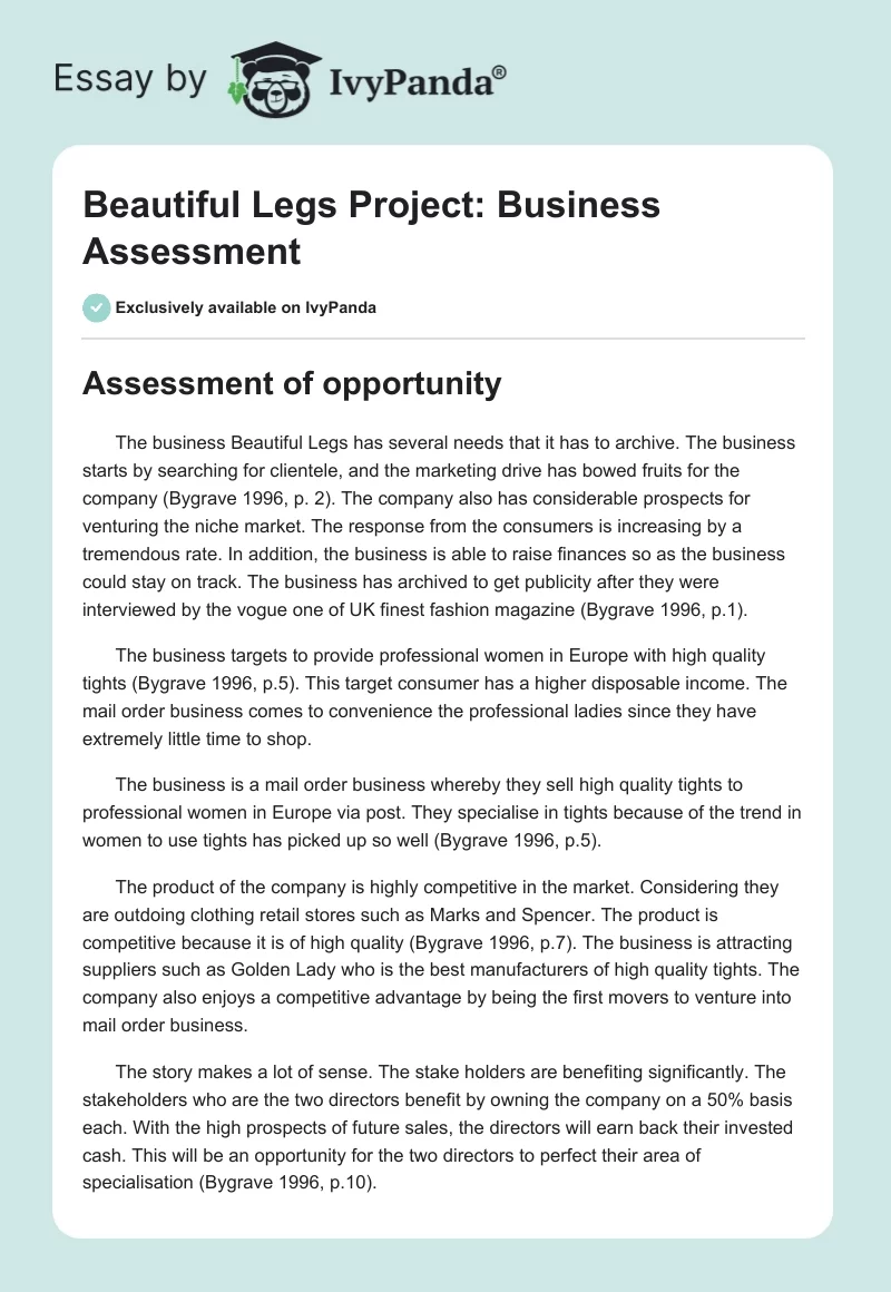 Beautiful Legs Project: Business Assessment. Page 1