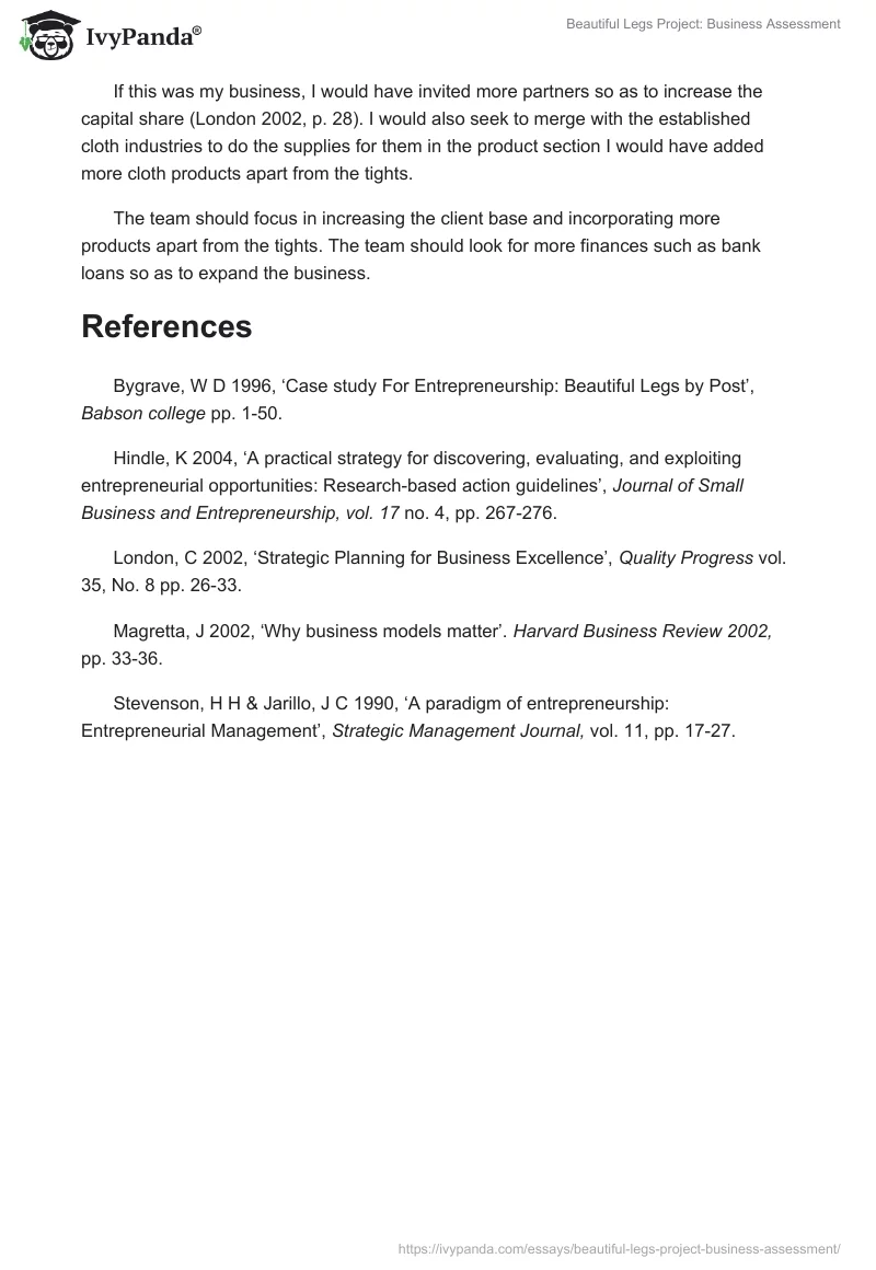 Beautiful Legs Project: Business Assessment. Page 4