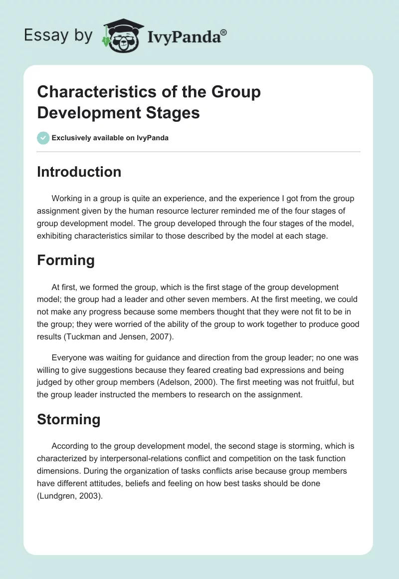 Characteristics of the Group Development Stages. Page 1