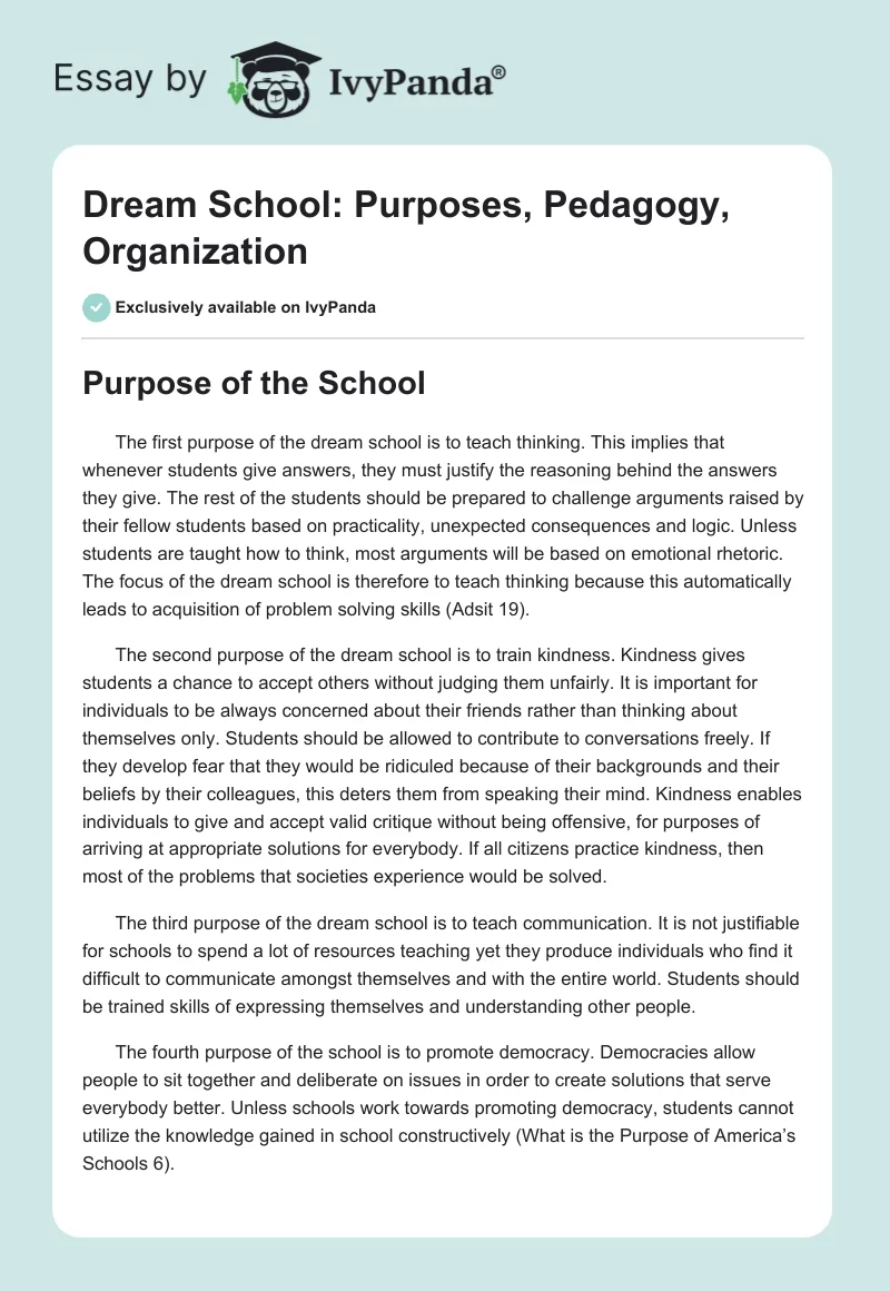 Dream School: Purposes, Pedagogy, Organization. Page 1