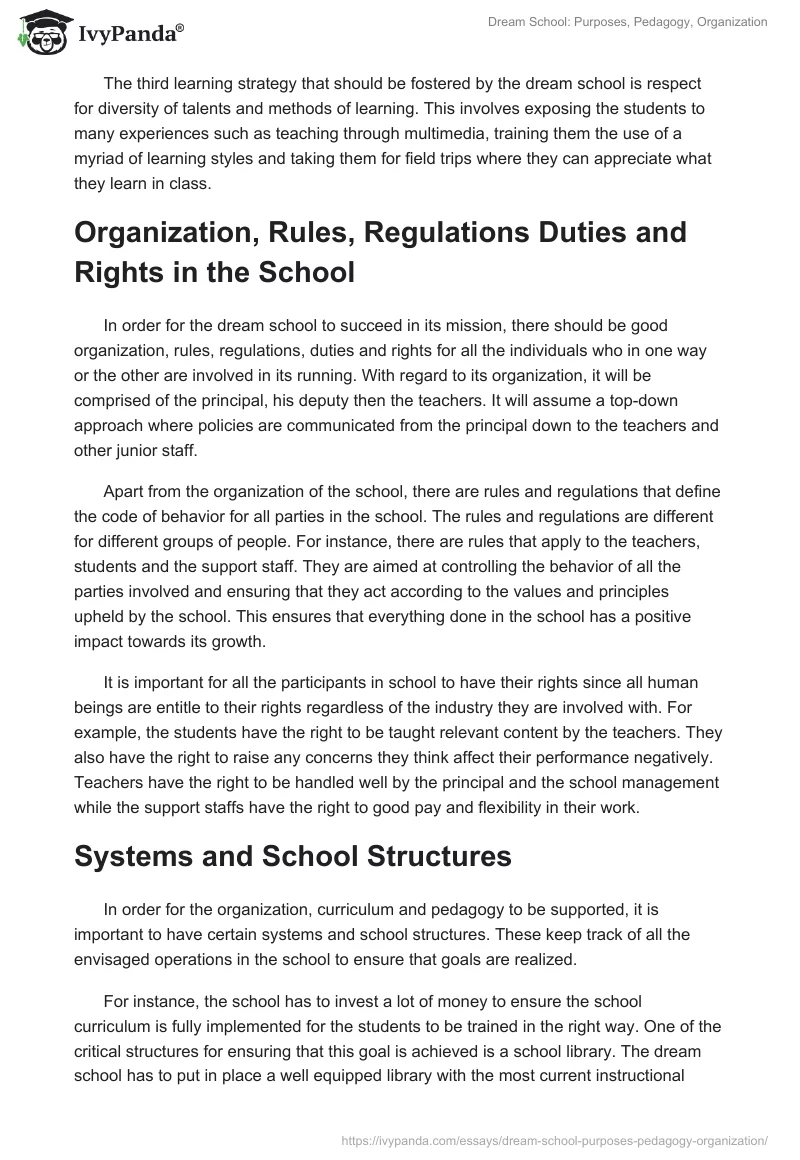 Dream School: Purposes, Pedagogy, Organization. Page 4