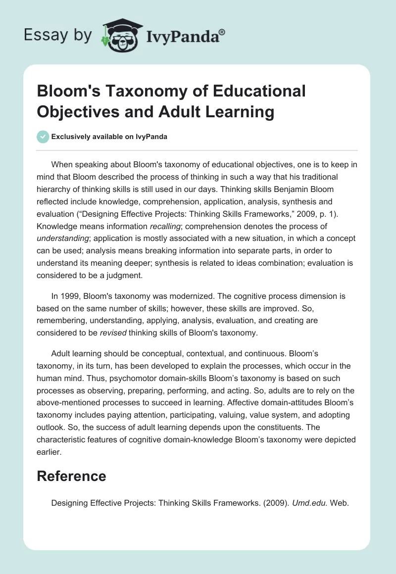 Bloom's Taxonomy of Educational Objectives and Adult Learning. Page 1