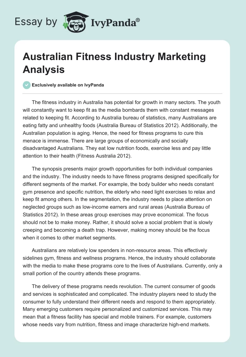 Australian Fitness Industry Marketing Analysis. Page 1