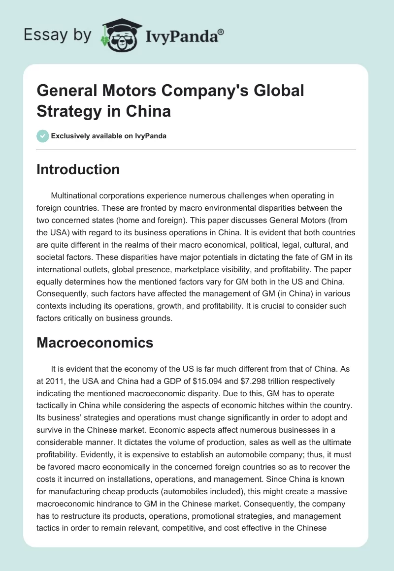 General Motors Company's Global Strategy in China. Page 1