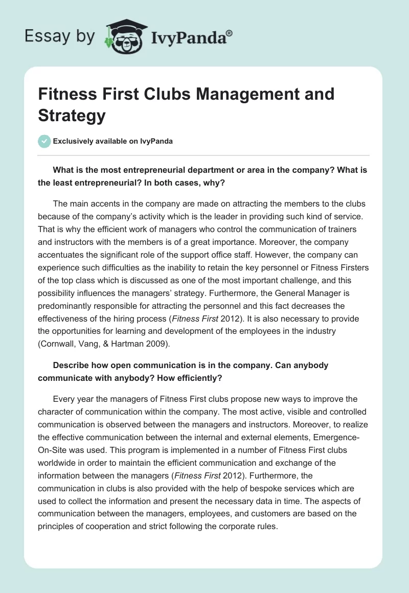 Fitness First Clubs Management and Strategy. Page 1