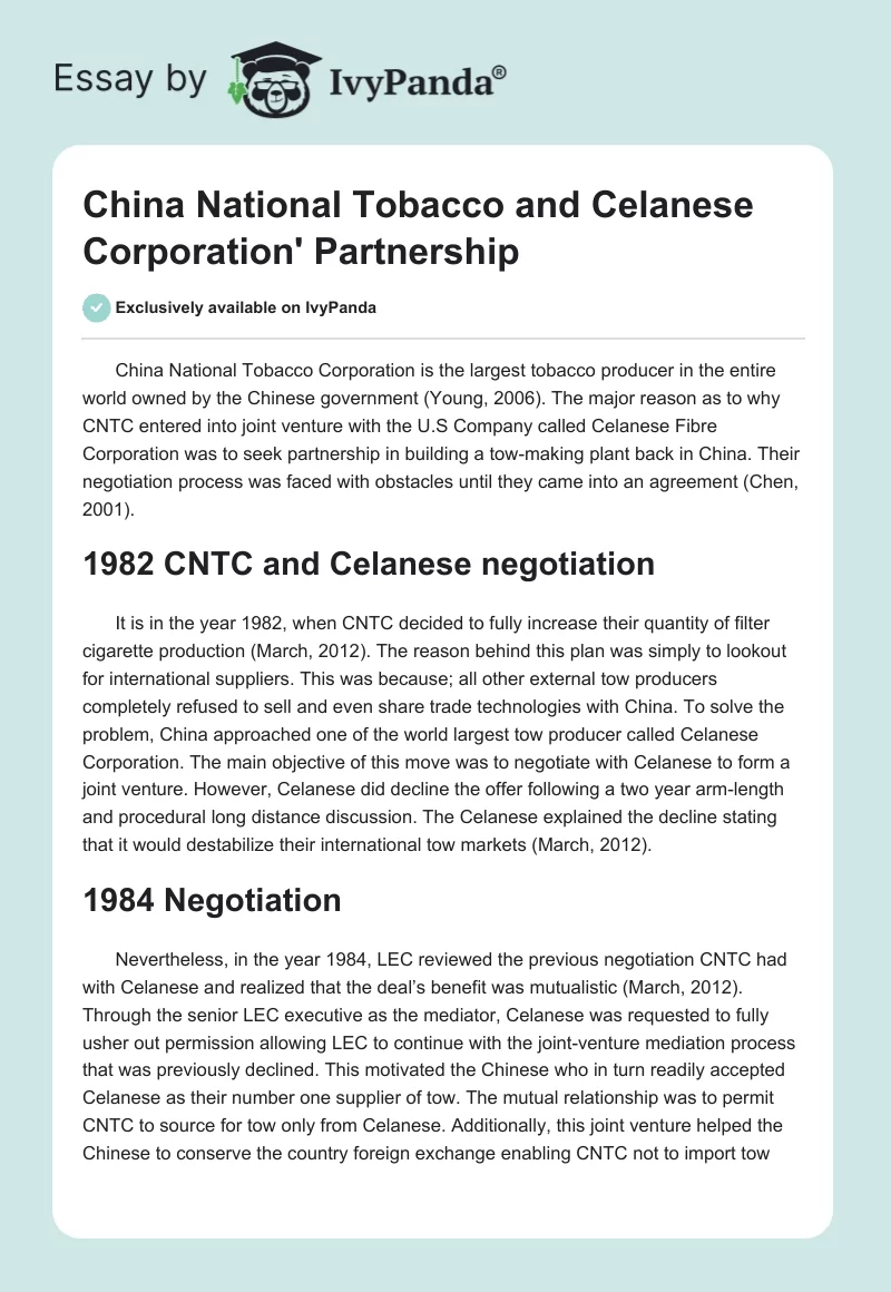 China National Tobacco and Celanese Corporation' Partnership. Page 1