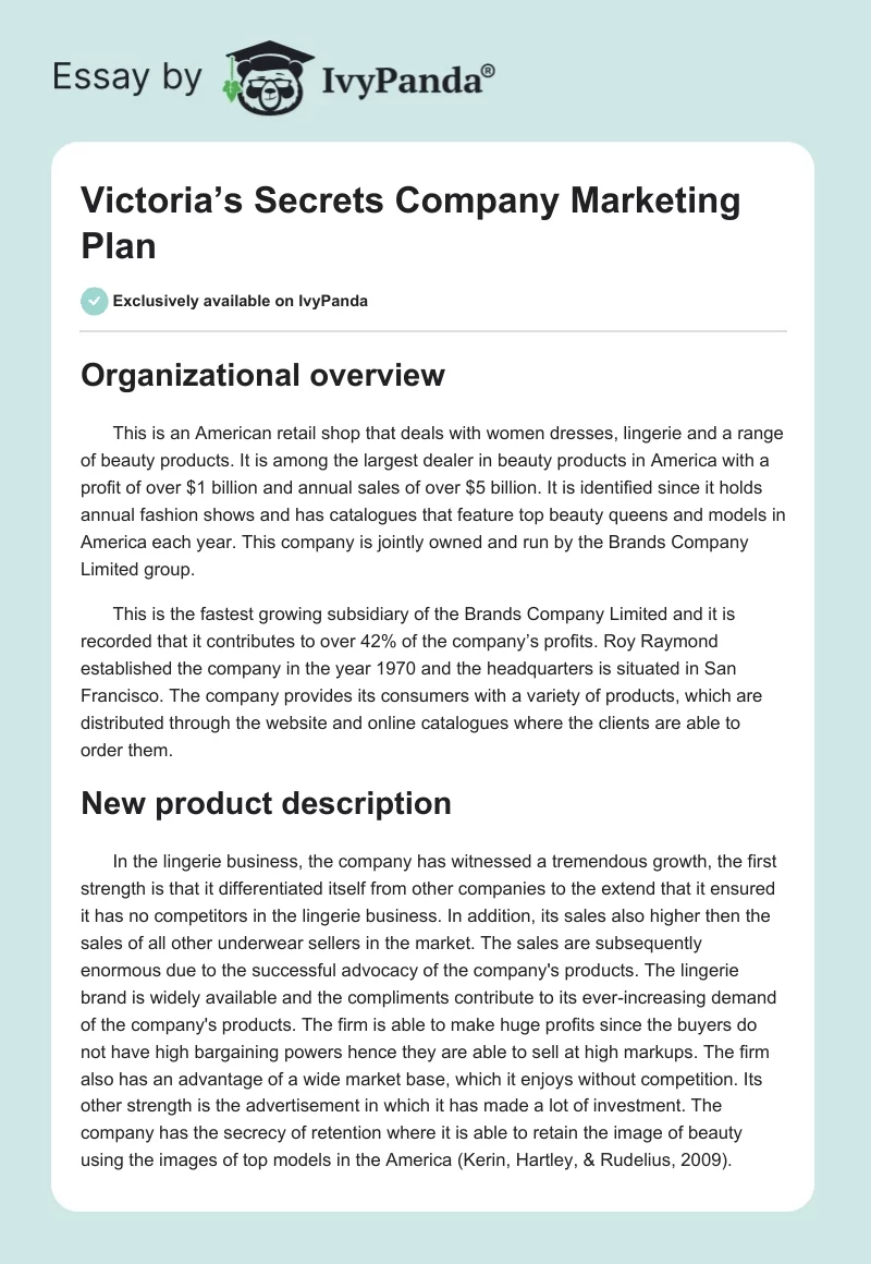 Victoria’s Secrets Company Marketing Plan. Page 1