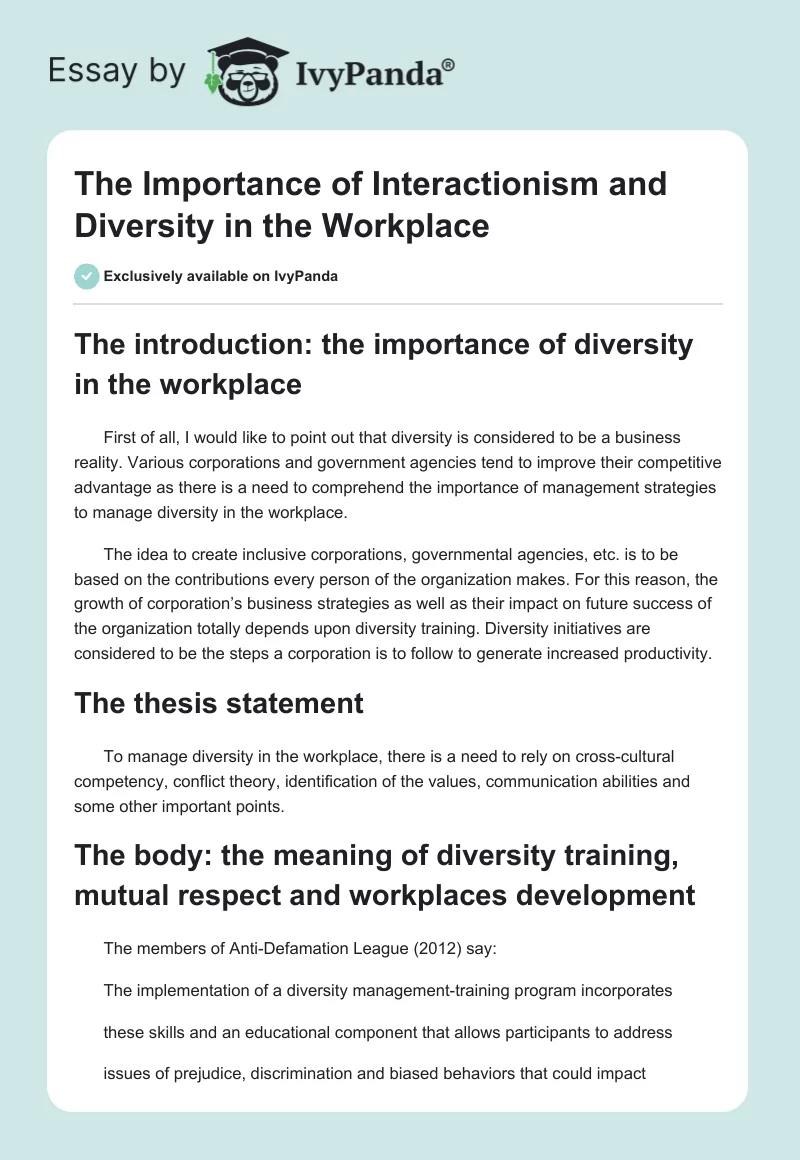 The Importance of Interactionism and Diversity in the Workplace. Page 1