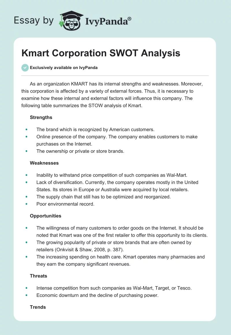 Kmart Corporation SWOT Analysis. Page 1