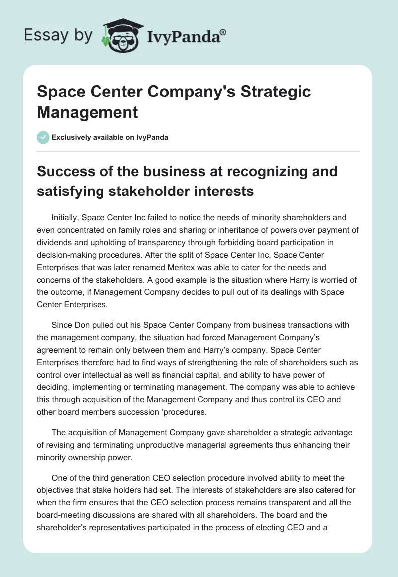 Space Center Company's Strategic Management. Page 1