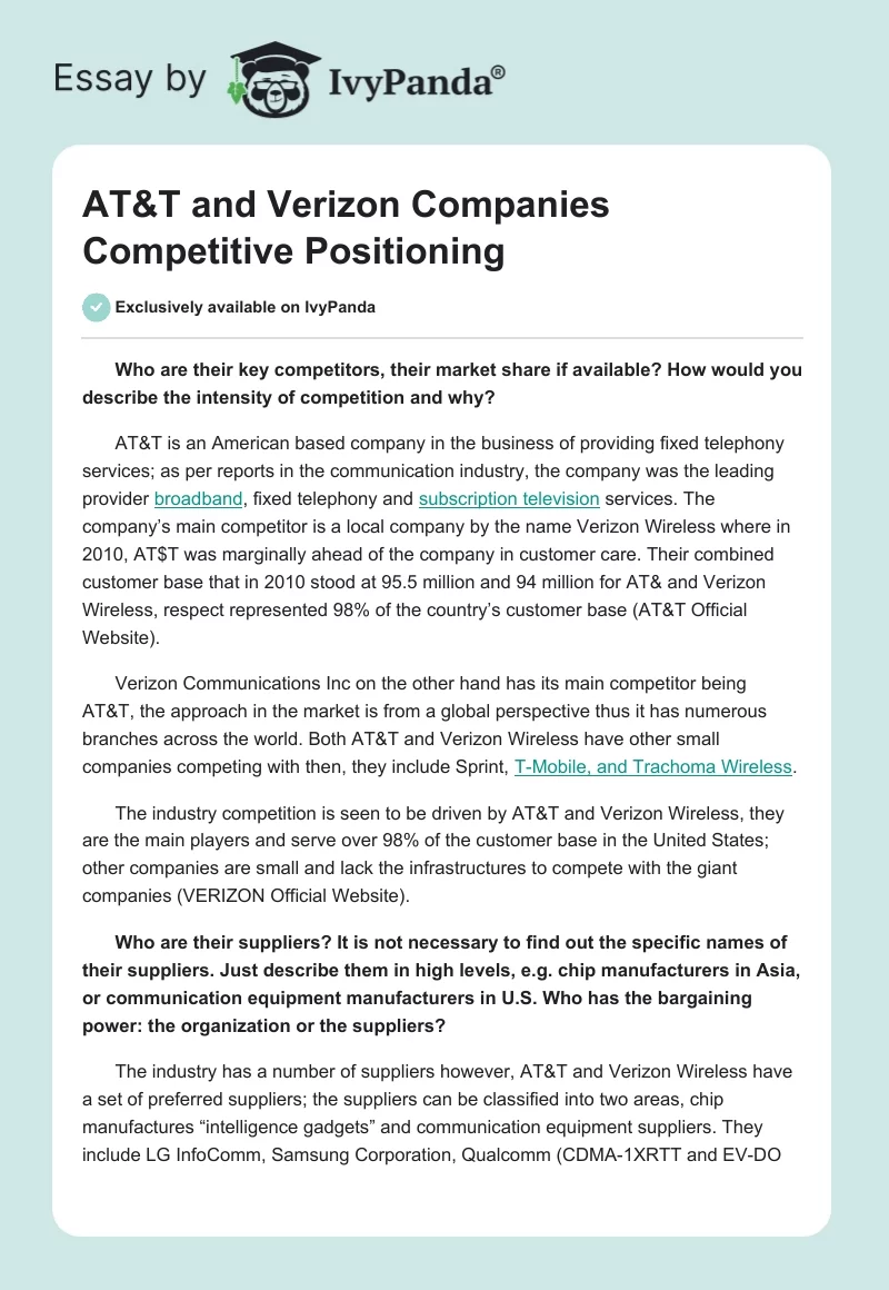 AT&T and Verizon Companies Competitive Positioning. Page 1