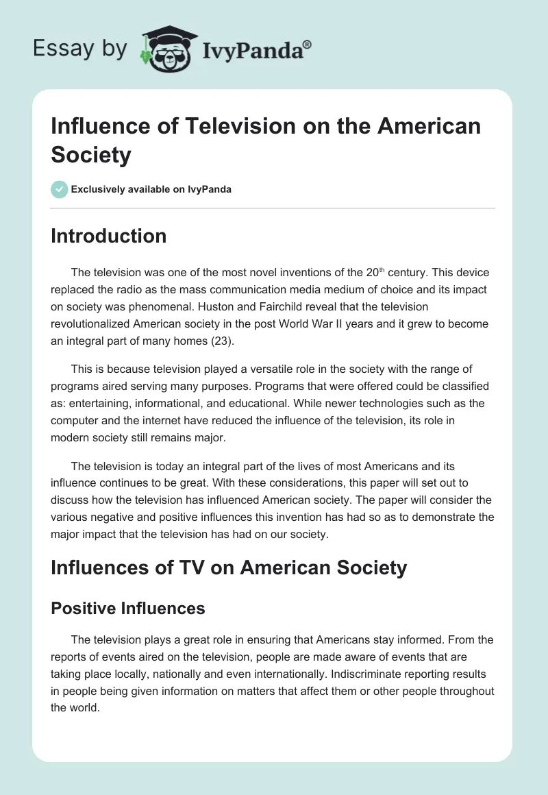 Influence of Television on the American Society. Page 1