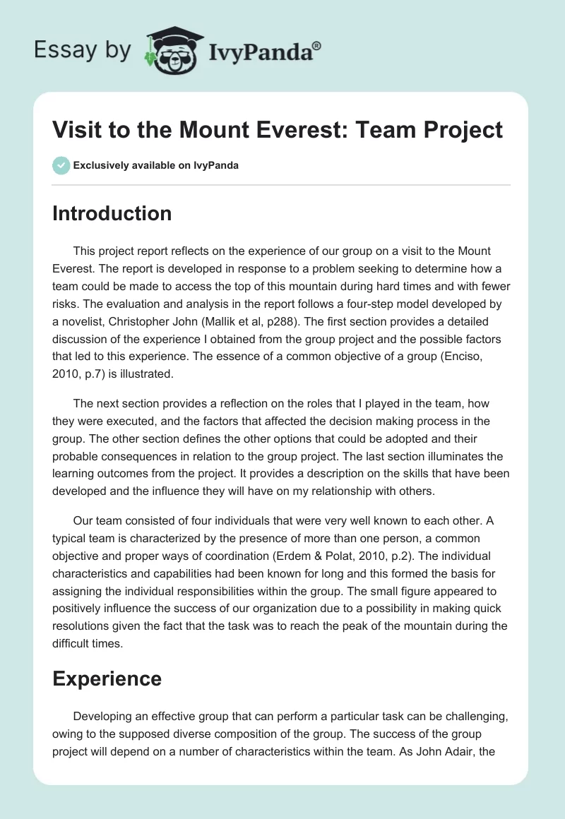 Visit to the Mount Everest: Team Project. Page 1