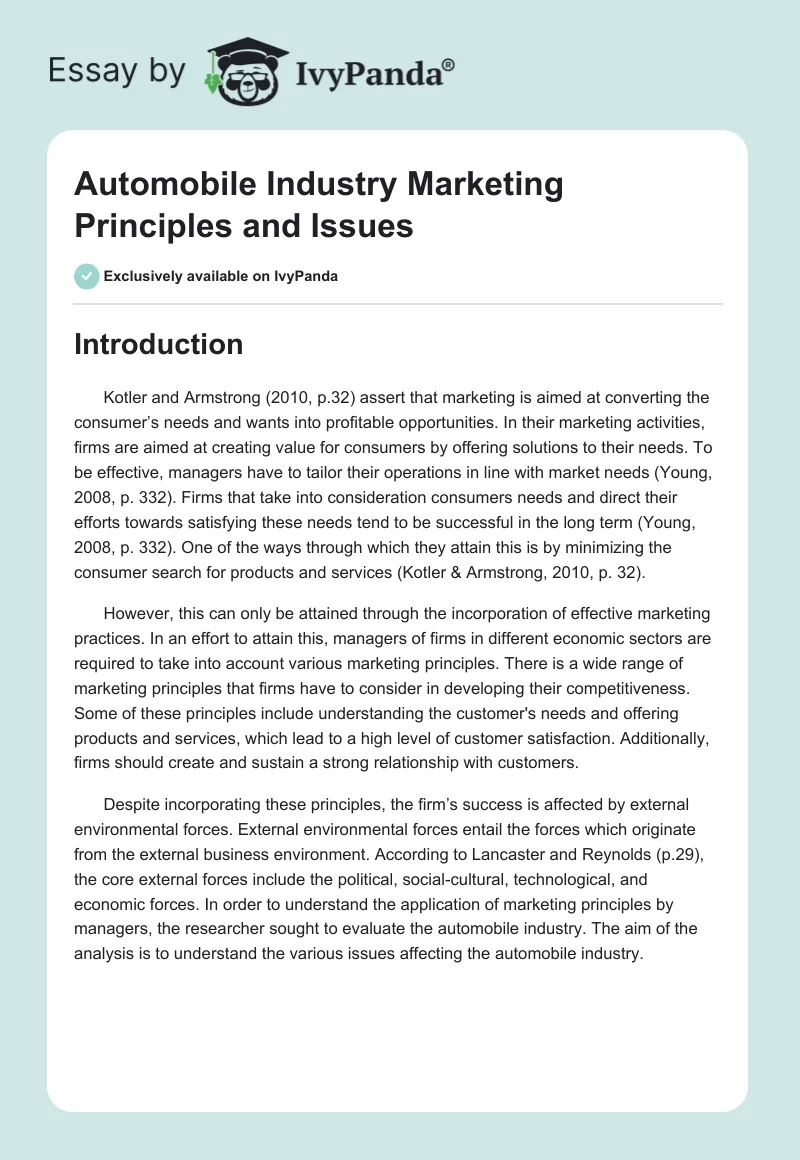 Automobile Industry Marketing Principles and Issues. Page 1