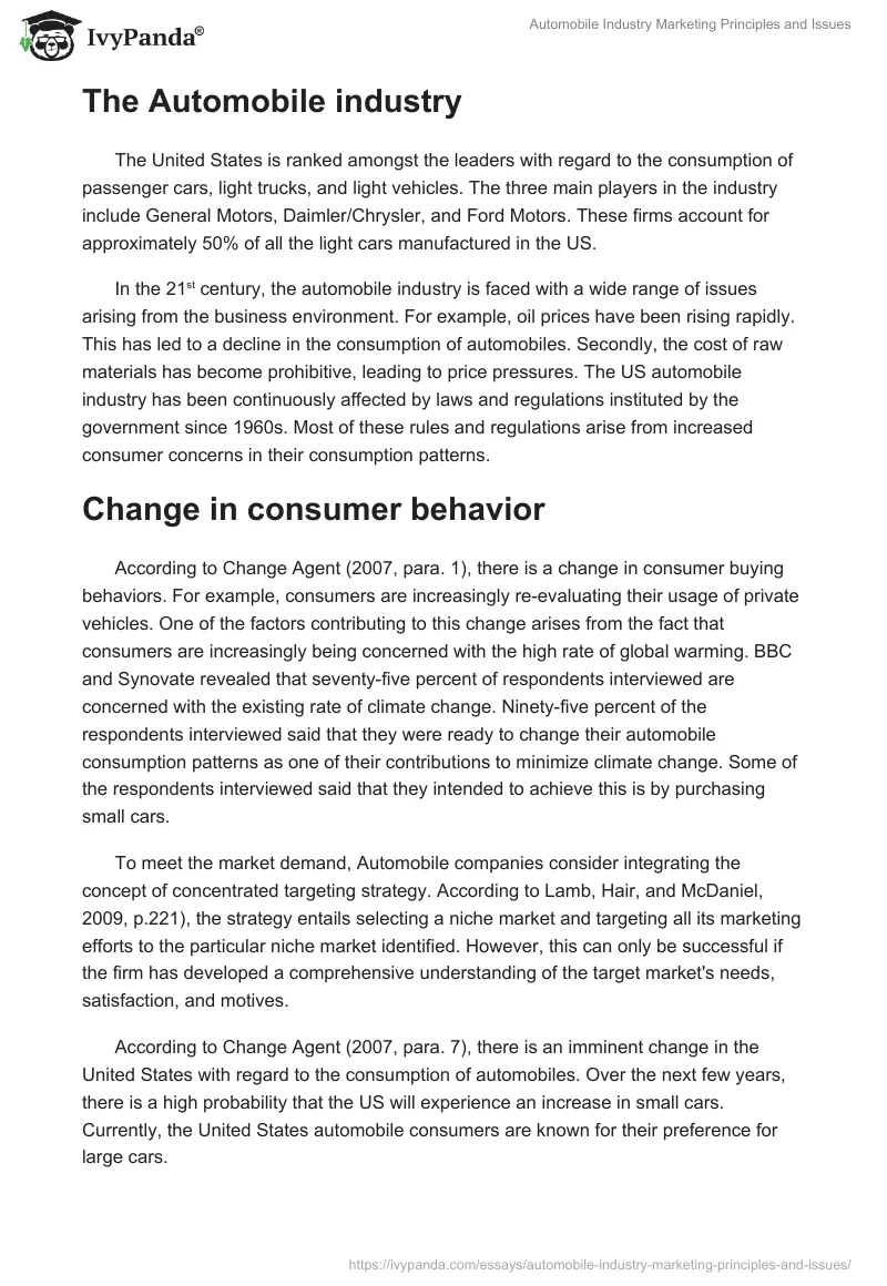 Automobile Industry Marketing Principles and Issues. Page 2