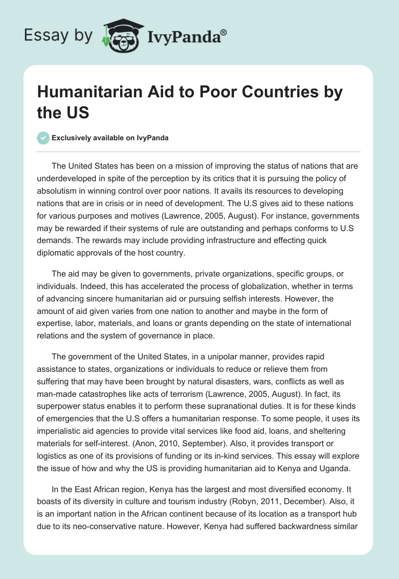 Humanitarian Aid to Poor Countries by the US. Page 1