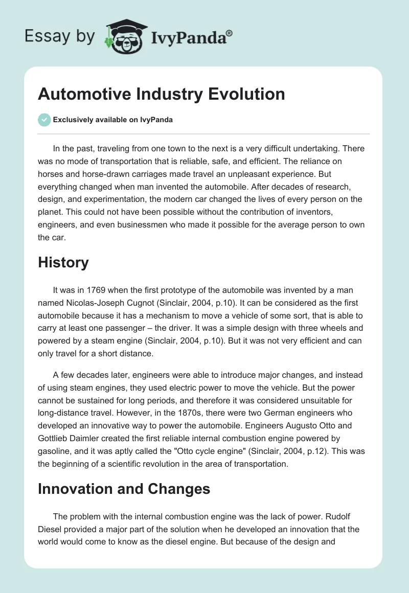 Automotive Industry Evolution. Page 1