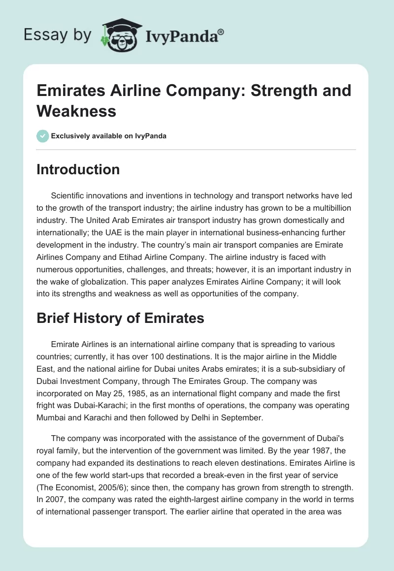 Emirates Airline Company: Strength and Weakness. Page 1