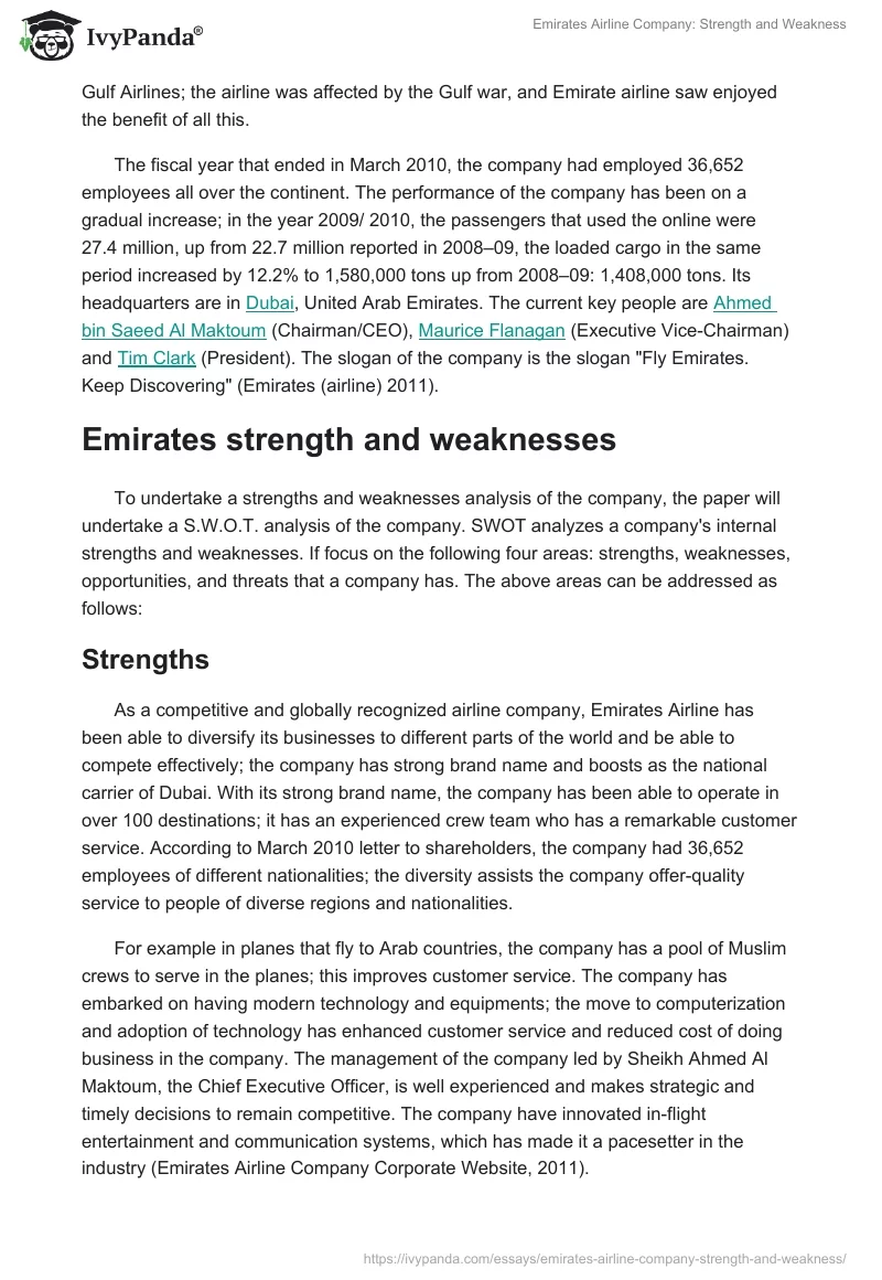 Emirates Airline Company: Strength and Weakness. Page 2