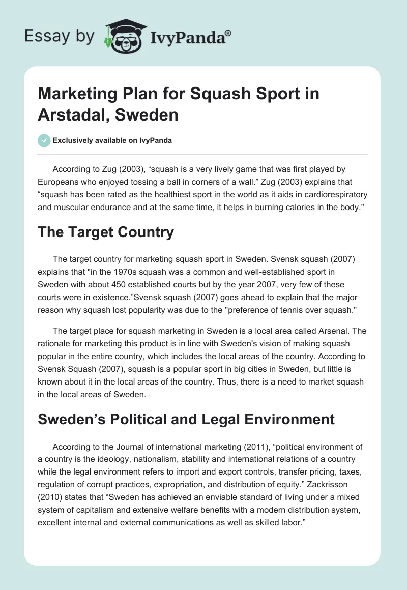 Marketing Plan for Squash Sport in Arstadal, Sweden. Page 1
