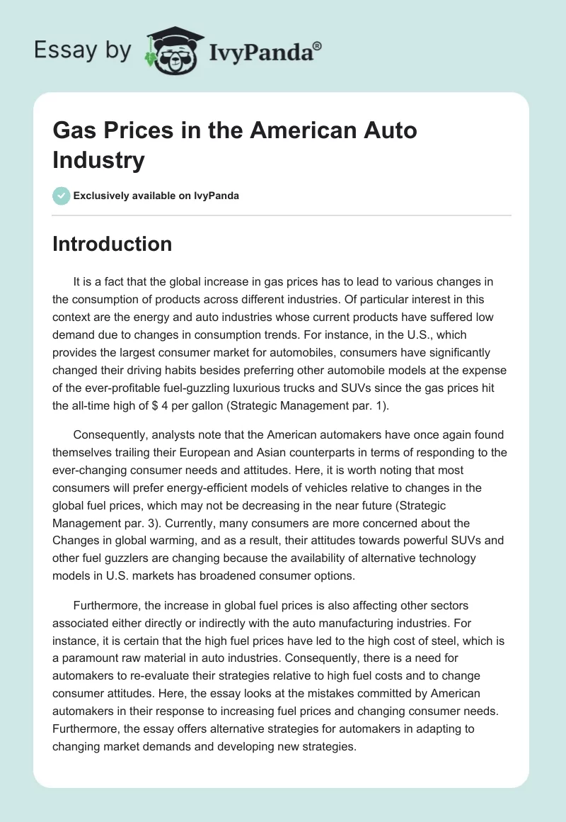 Gas Prices in the American Auto Industry. Page 1