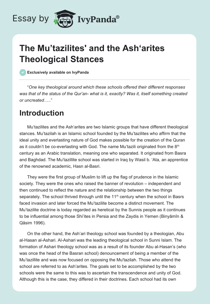 The Mu’tazilites' and the Ash‘arites Theological Stances. Page 1