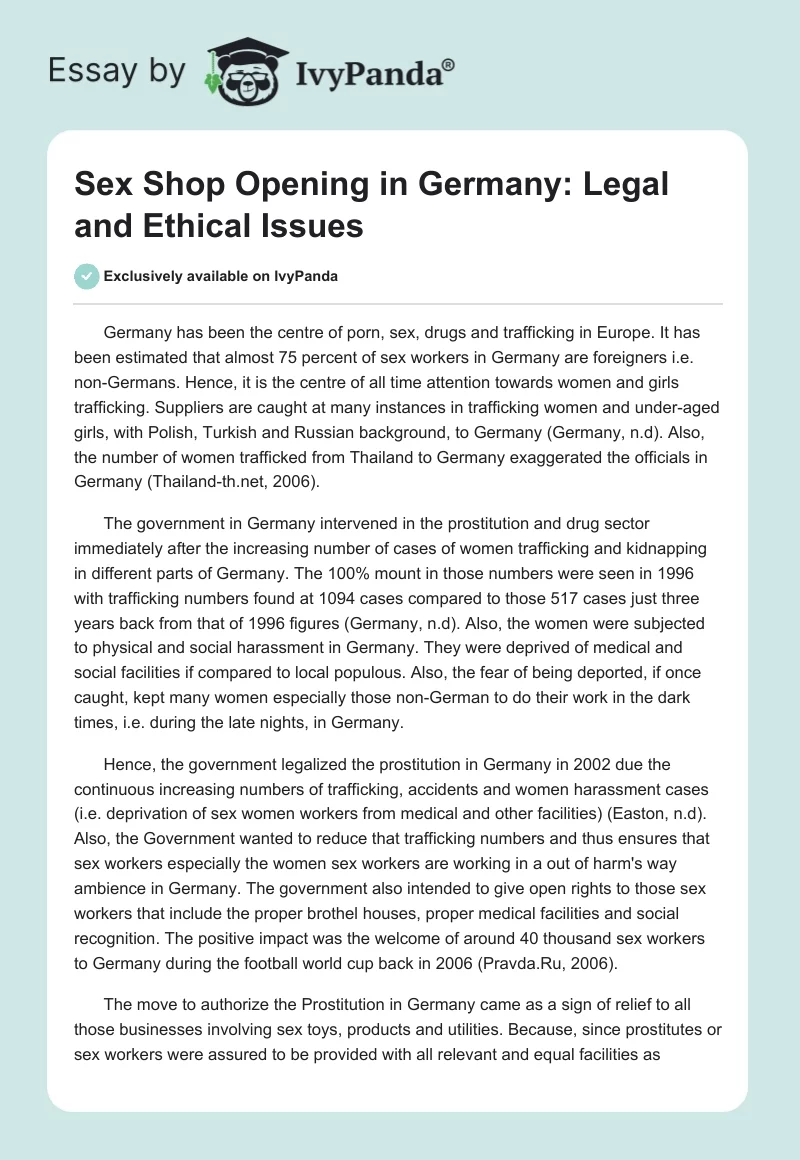 Sex Shop Opening in Germany: Legal and Ethical Issues. Page 1
