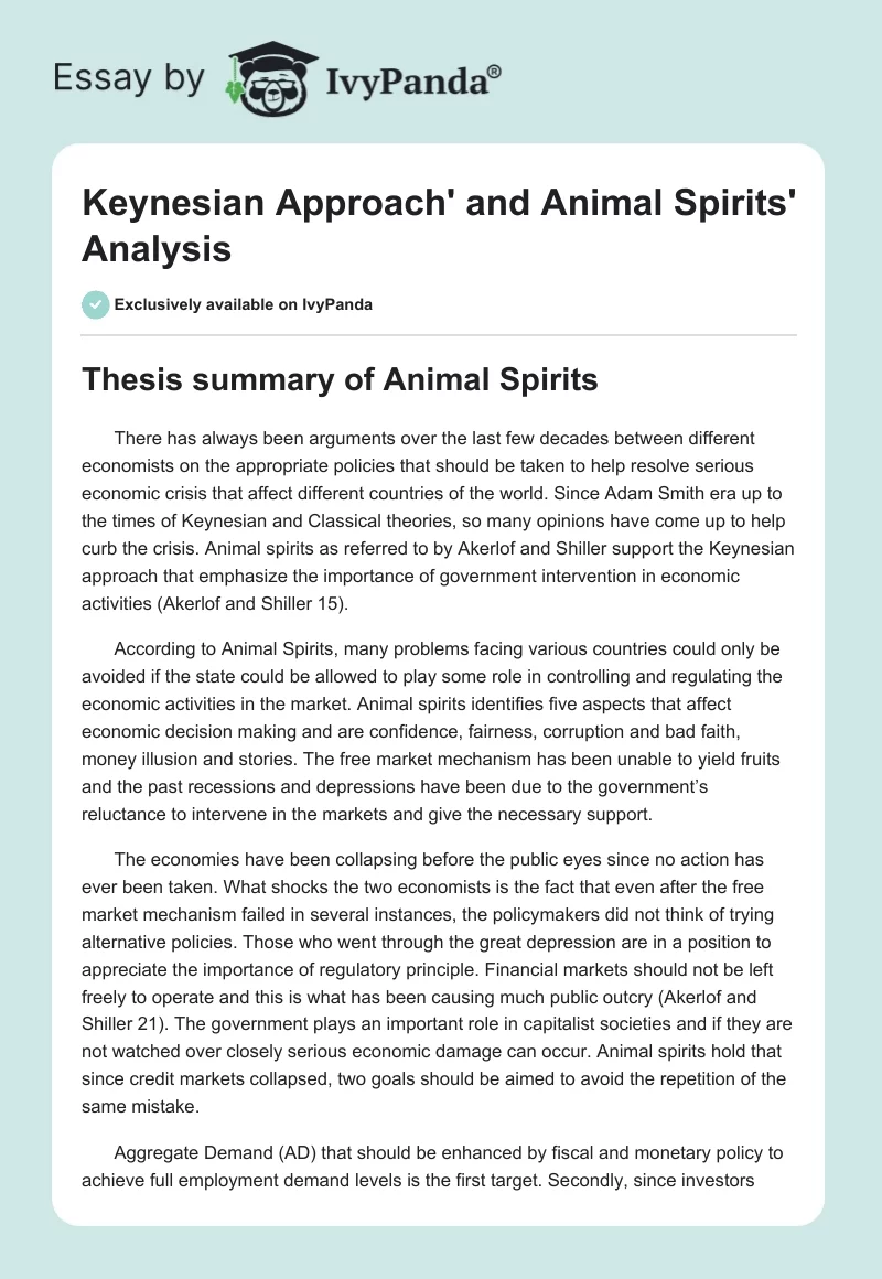 Keynesian Approach' and Animal Spirits' Analysis. Page 1