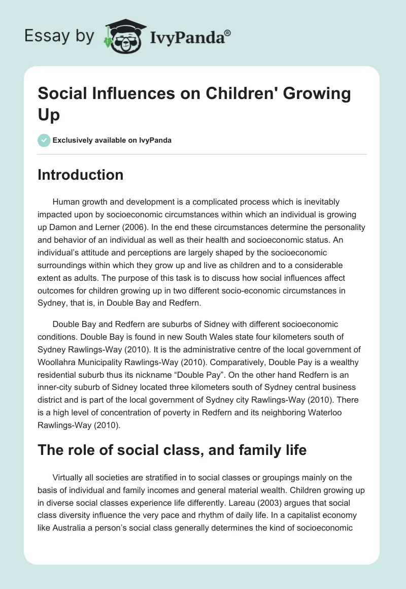 Social Influences on Children' Growing Up. Page 1