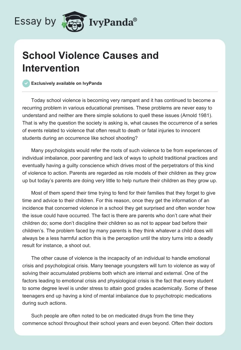 School Violence Causes and Intervention. Page 1