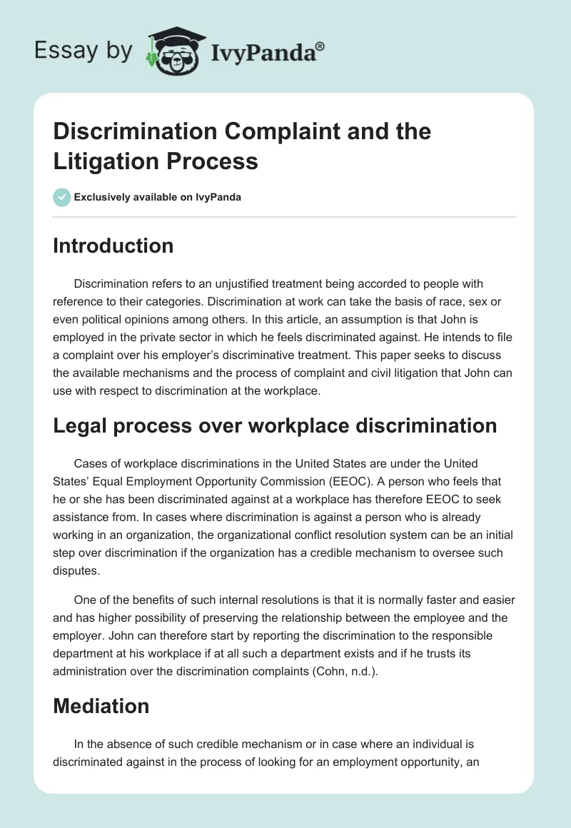 Discrimination Complaint and the Litigation Process. Page 1