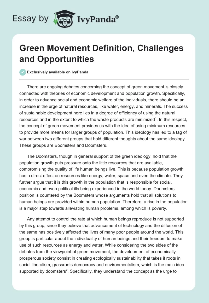 Green Movement Definition, Challenges and Opportunities. Page 1