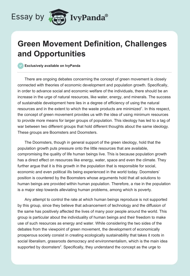  Green Movement Definition Challenges And Opportunities 1905 Words 