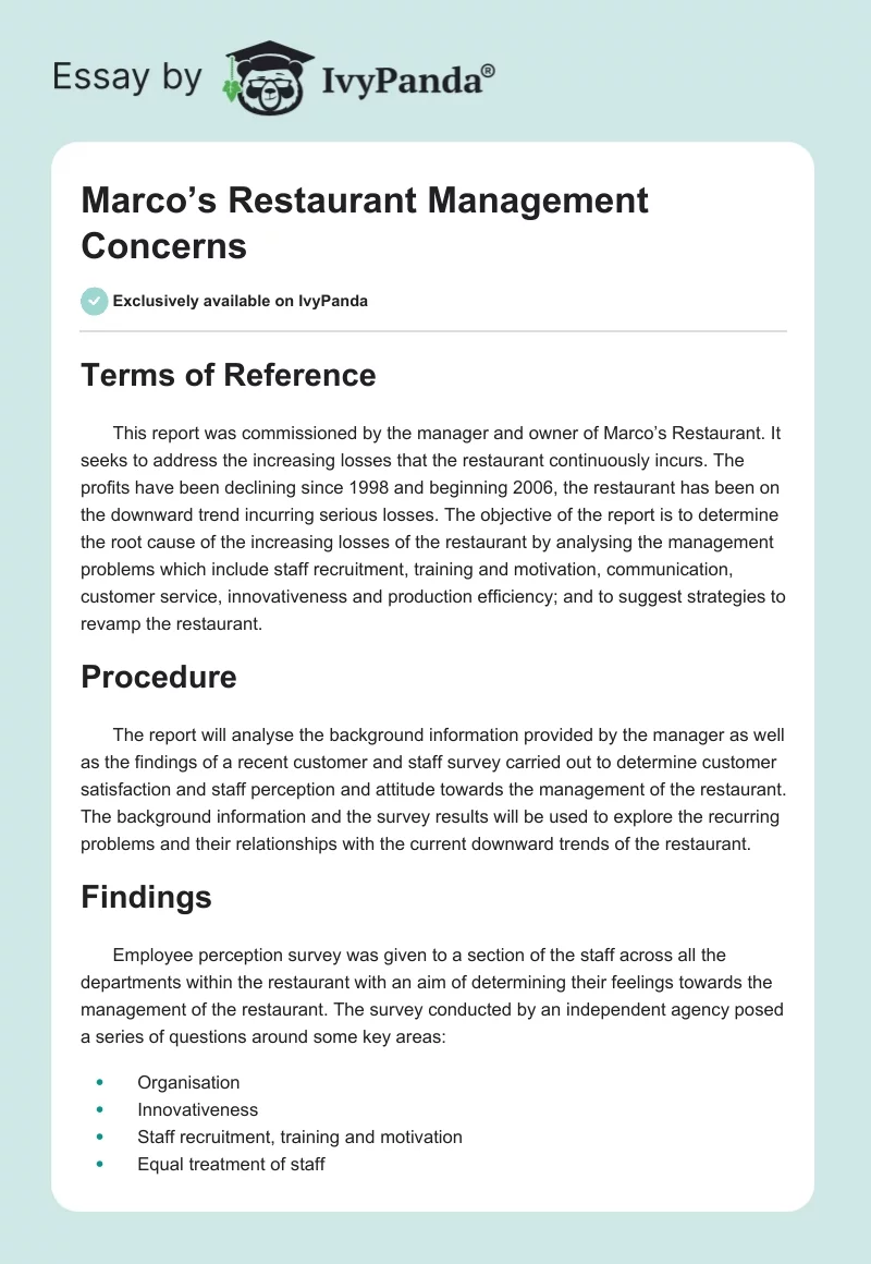 Marco’s Restaurant Management Concerns. Page 1