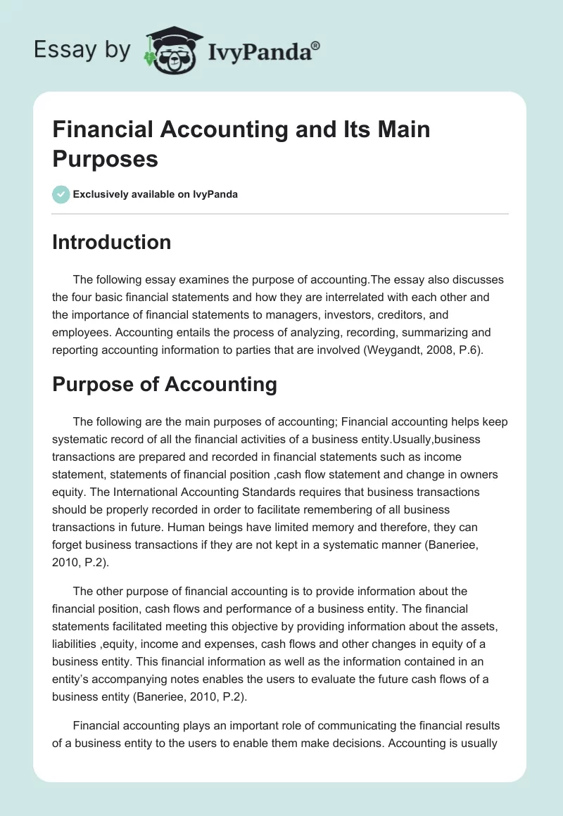 Financial Accounting and Its Main Purposes. Page 1
