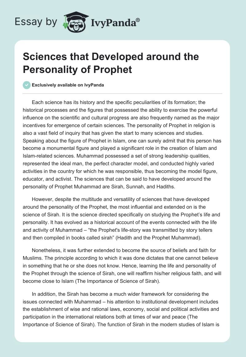 Sciences that Developed around the Personality of Prophet. Page 1