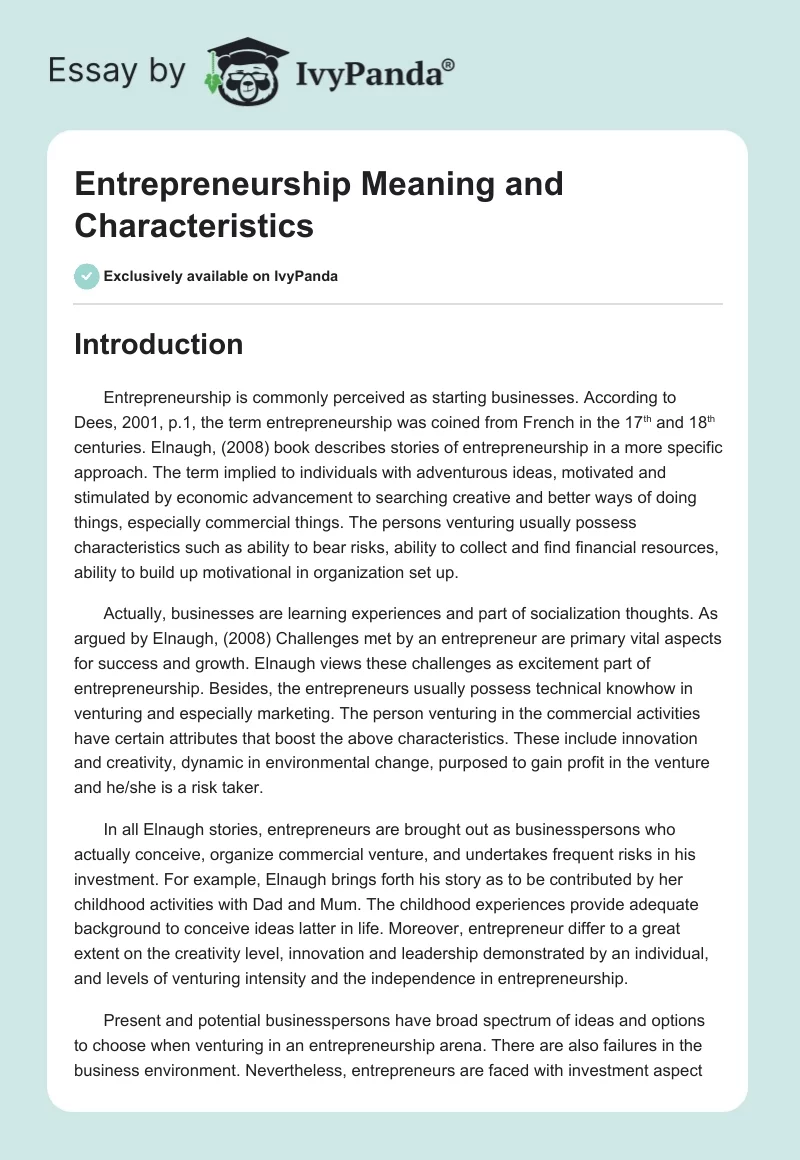 Entrepreneurship Meaning and Characteristics. Page 1
