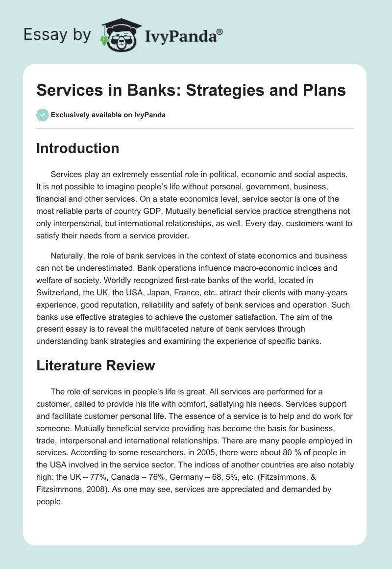 Services in Banks: Strategies and Plans. Page 1