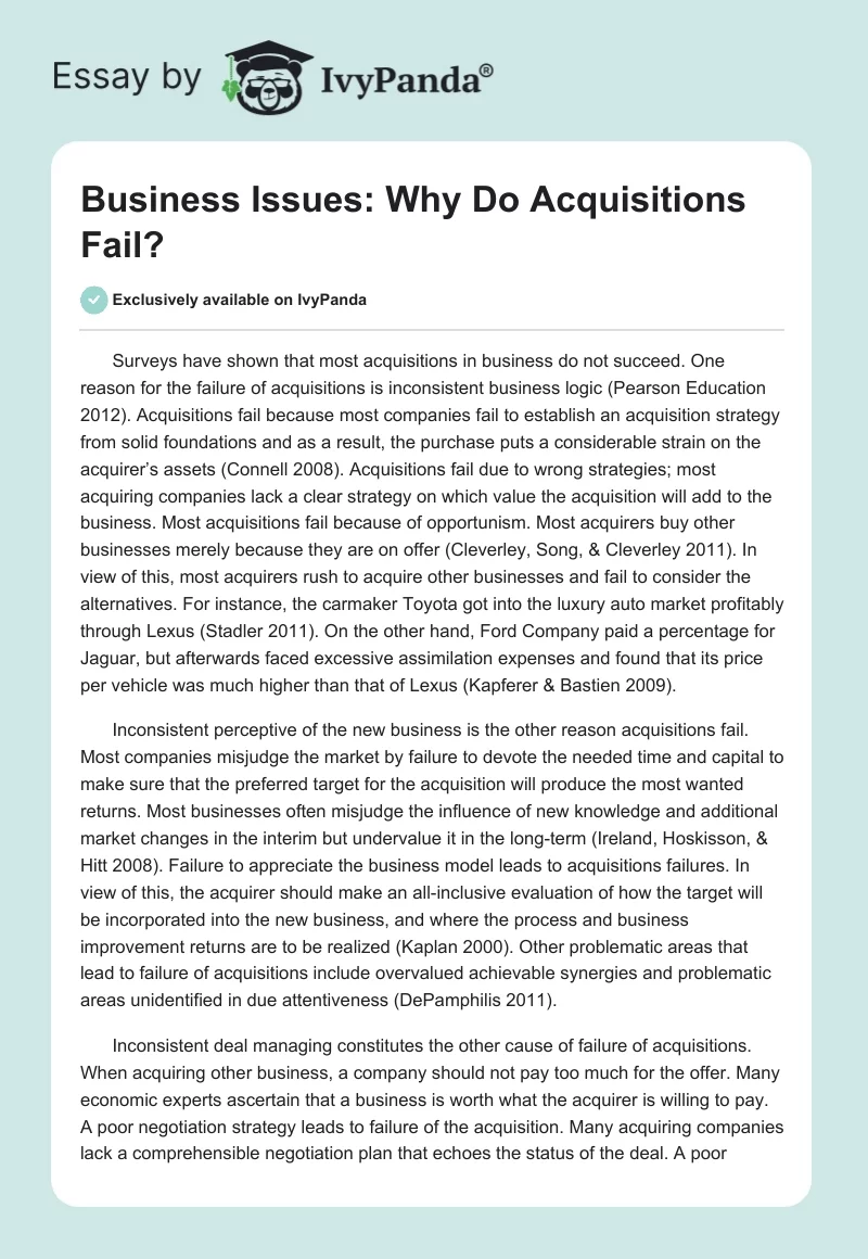 Business Issues: Why Do Acquisitions Fail?. Page 1
