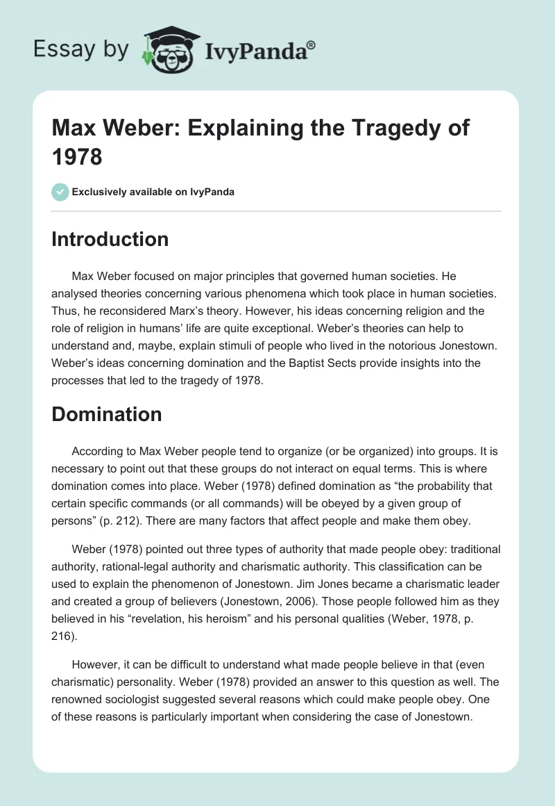 Max Weber: Explaining the Tragedy of 1978. Page 1