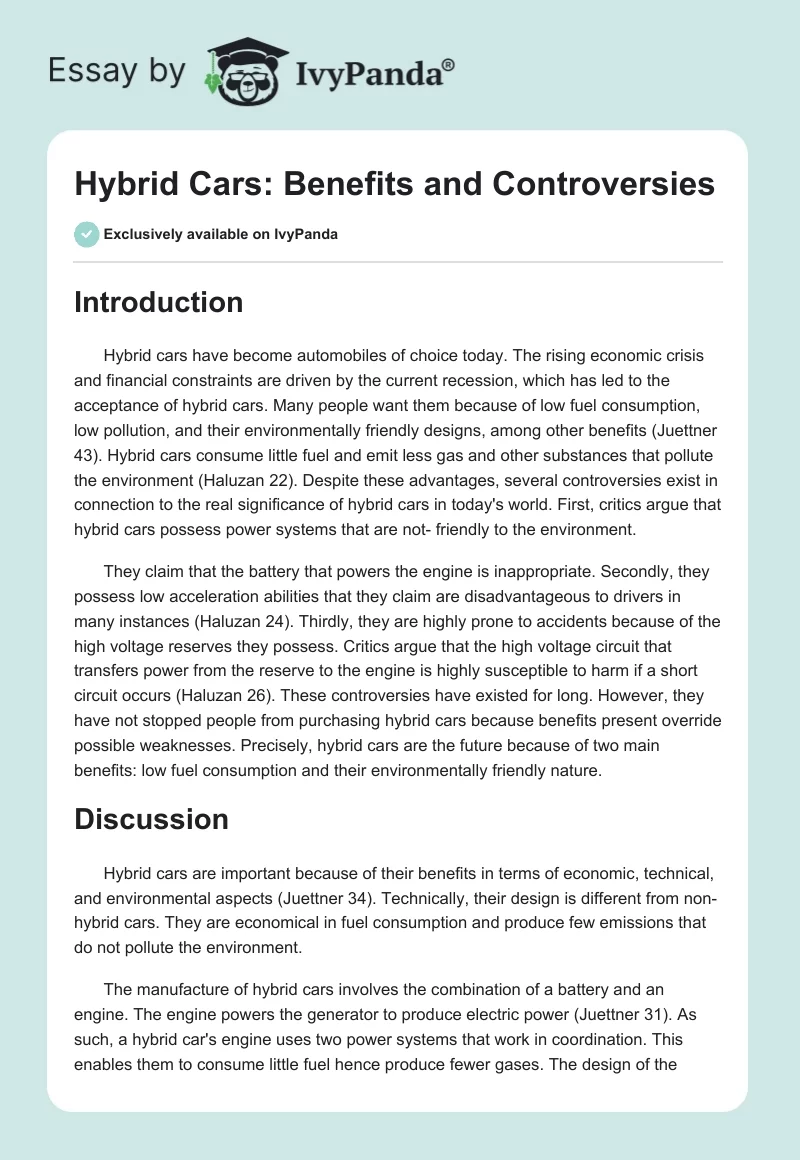 Hybrid Cars: Benefits and Controversies. Page 1